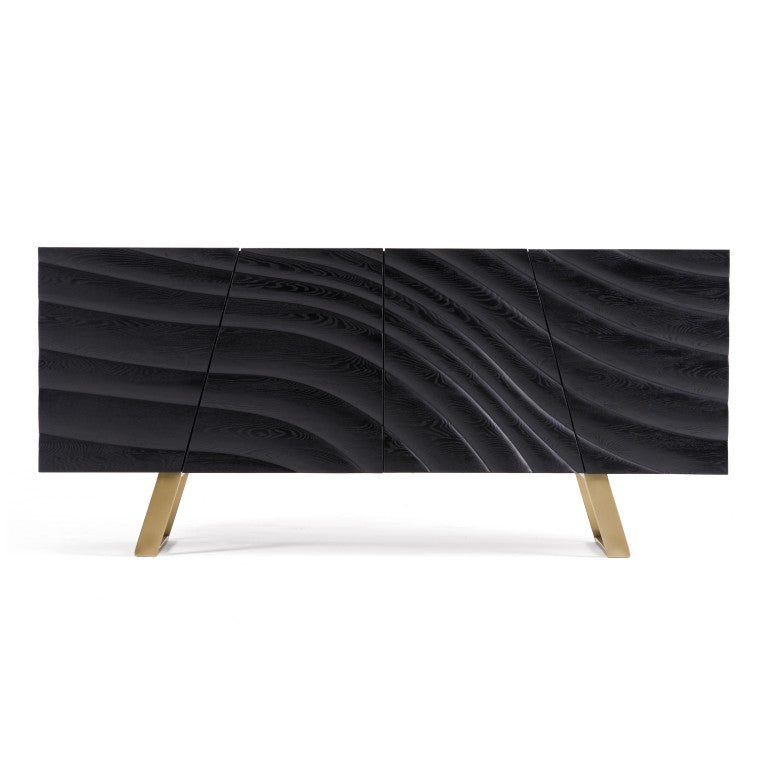 VIG Furniture Finley Sculptural Mid-Century Buffet In Black Ash With Wave-Textured Doors & Brushed Gold Legs VGCSSB-16050-BLK