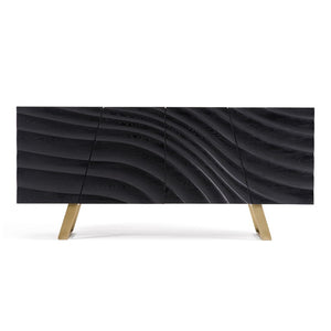 VIG Furniture Finley Sculptural Mid-Century Buffet In Black Ash With Wave-Textured Doors & Brushed Gold Legs VGCSSB-16050-BLK