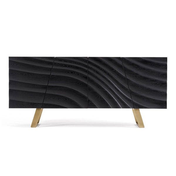 VIG Furniture Finley Sculptural Mid-Century Buffet In Black Ash With Wave-Textured Doors & Brushed Gold Legs VGCSSB-16050-BLK