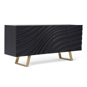 VIG Furniture Finley Sculptural Mid-Century Buffet In Black Ash With Wave-Textured Doors & Brushed Gold Legs VGCSSB-16050-BLK