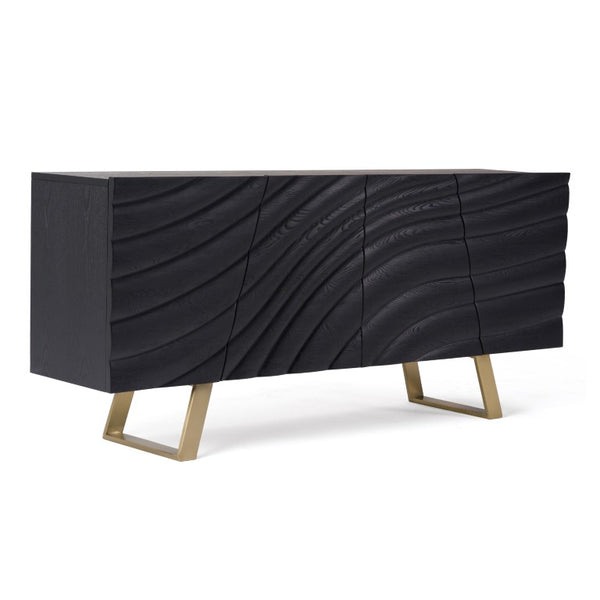 VIG Furniture Finley Sculptural Mid-Century Buffet In Black Ash With Wave-Textured Doors & Brushed Gold Legs VGCSSB-16050-BLK