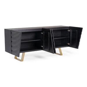 VIG Furniture Finley Sculptural Mid-Century Buffet In Black Ash With Wave-Textured Doors & Brushed Gold Legs VGCSSB-16050-BLK