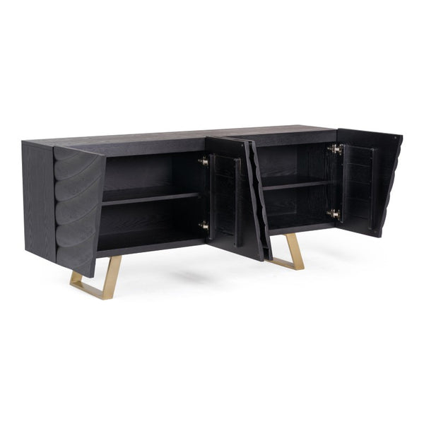 VIG Furniture Finley Sculptural Mid-Century Buffet In Black Ash With Wave-Textured Doors & Brushed Gold Legs VGCSSB-16050-BLK