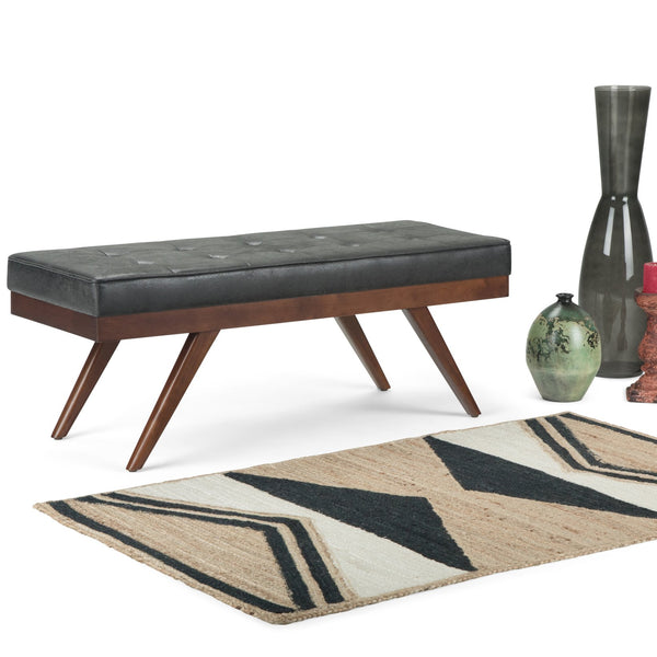 English Elm Pierce Mid Century Ottoman Bench with Distressed Vegan Faux Leather, Tufted Cushion & Solid Wood Base Black B136P159226