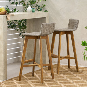 English Elm Christopher Knight Home® - LA La Brea Acacia Wood & Wicker Barstool Set of 2 — Outdoor Faux Rattan Seats with Iron X-Stretcher Frame Brown 65431.00LBRN