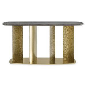 Bernhardt Trost Dorado Gold Metal Console Table with Bracken Mahogany Top — Sculptural Turned Pillars, Sleek Silhouette 347917