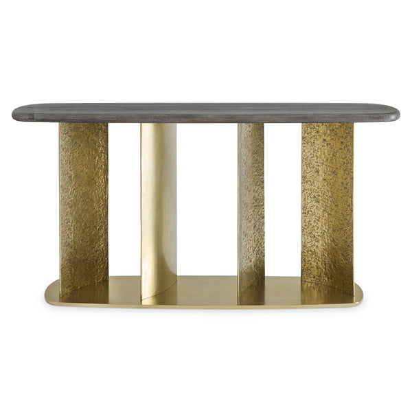 Bernhardt Trost Dorado Gold Metal Console Table with Bracken Mahogany Top — Sculptural Turned Pillars, Sleek Silhouette 347917