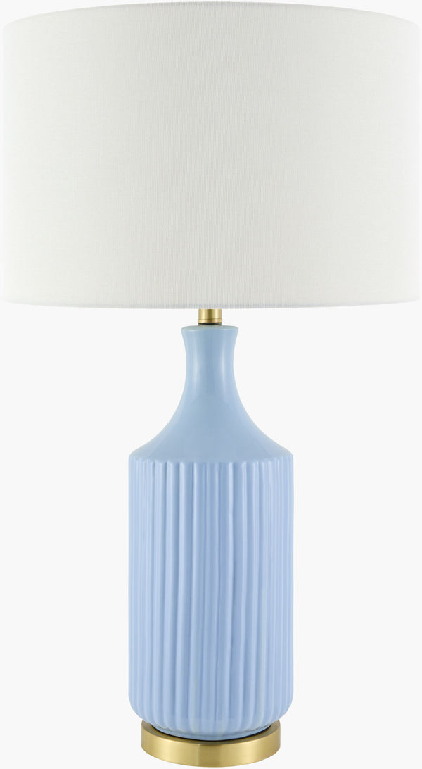 Surya Filaki Modern Elegant Accent Table Lamp - 31" Tall High-grade Ceramic & Linen Shade Design Body, Blue,Base, Metallic ,Brass,Shade, White,Finial, Metallic ,Brass,Harp, Metallic ,Brass,Cord, Translucent Ceramic,Iron,Linen,Polystyrene,Iron Fki-006