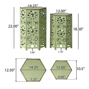 English Elm Eliana Outdoor Iron Nesting Side Tables with Sunburst Cutout and Crackle Finish Patio Accent Set Green 69740.00CGRN