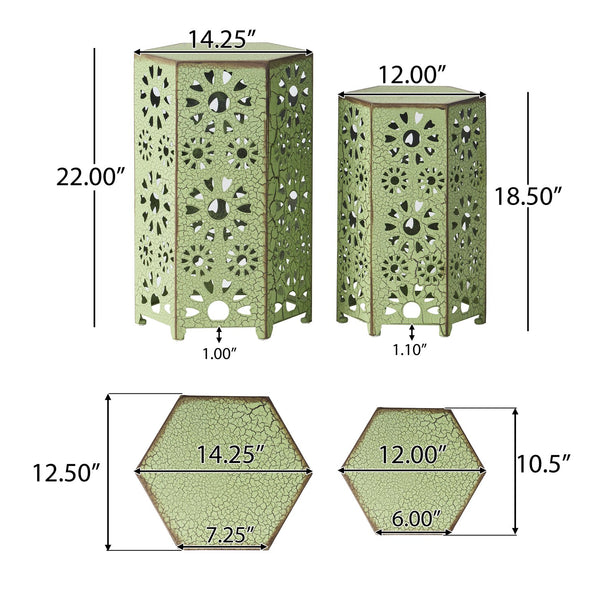 English Elm Eliana Outdoor Iron Nesting Side Tables with Sunburst Cutout and Crackle Finish Patio Accent Set Green 69740.00CGRN