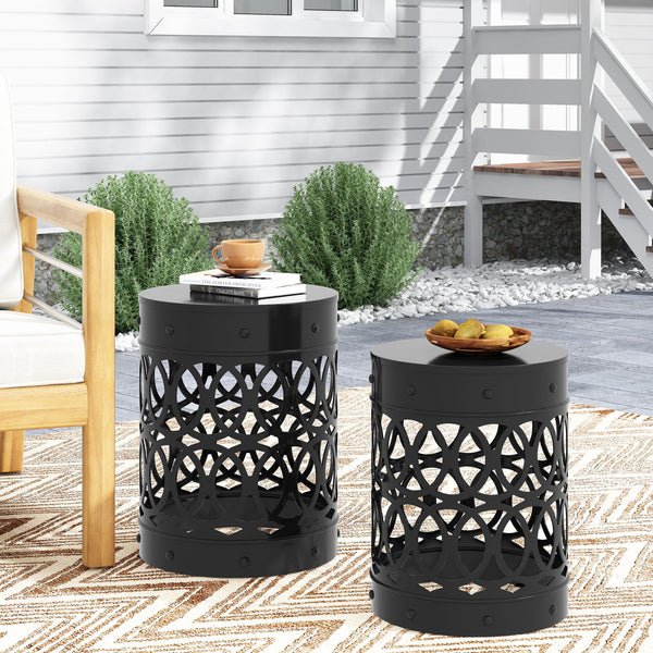 English Elm Outdoor Powder-coated Iron Nesting Accent Tables Set of 2 Laser-cut Circle Design Black 73606.00BLK