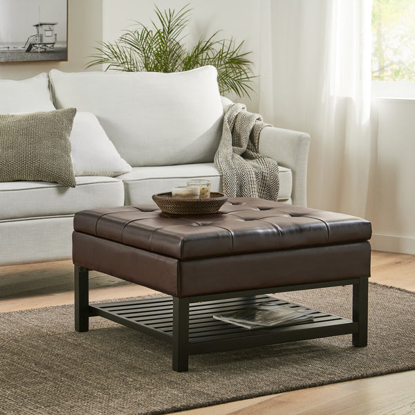 English Elm Christopher Knight Home® - Storage Ottoman Brown Bonded Leather Coffee Table with Tufted Top, Hidden Storage & Lower Shelf for Living Room (31.25"W x 31.5"D x 18.5"H) 56970.00PU
