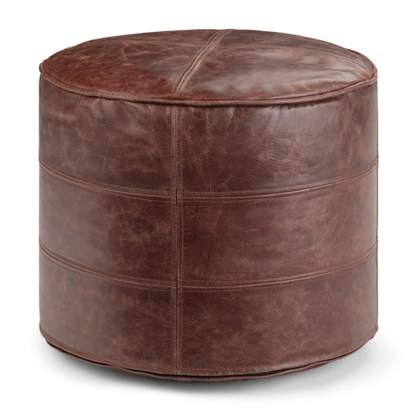 English Elm Connor Round Pouf - Handcrafted Distressed Buffalo Leather Accent For Stylish Seating & Decor B136P159337