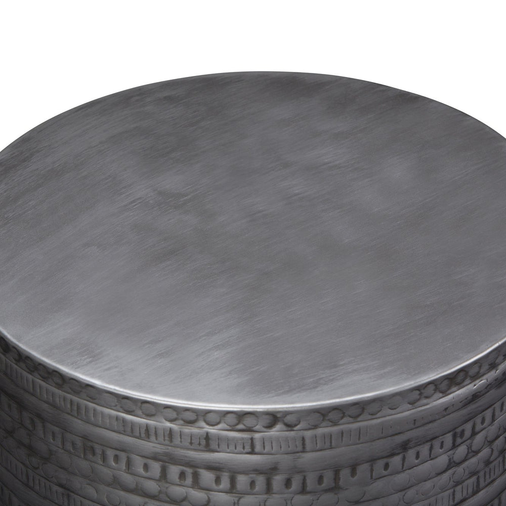 English Elm Johnsen 15-Inch Wide Handcrafted Tribal Pattern Metal Accent Table In Antique Silver Finish B136P158960