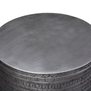 English Elm Johnsen 15-Inch Wide Handcrafted Tribal Pattern Metal Accent Table In Antique Silver Finish B136P158960