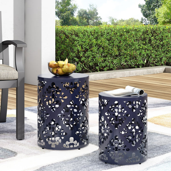 English Elm Metal Nesting End Table Set of Two with Floral Iron Cut Design for Living Room Navy Blue 73604.00NBLU