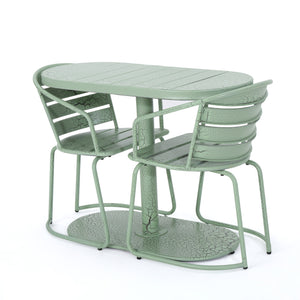 English Elm Santa Monica Outdoor Bistro Set Powder Coated Iron Oval Table Two Slat Chairs Patio Green 62015.00CGRN
