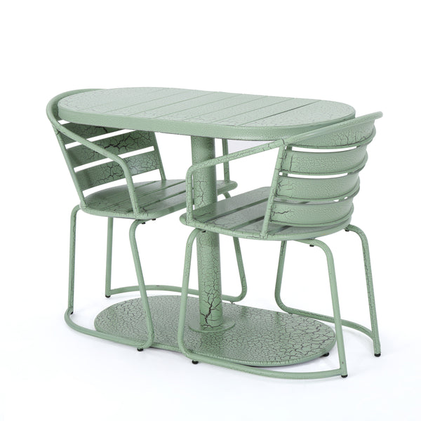 English Elm Santa Monica Outdoor Bistro Set Powder Coated Iron Oval Table Two Slat Chairs Patio Green 62015.00CGRN