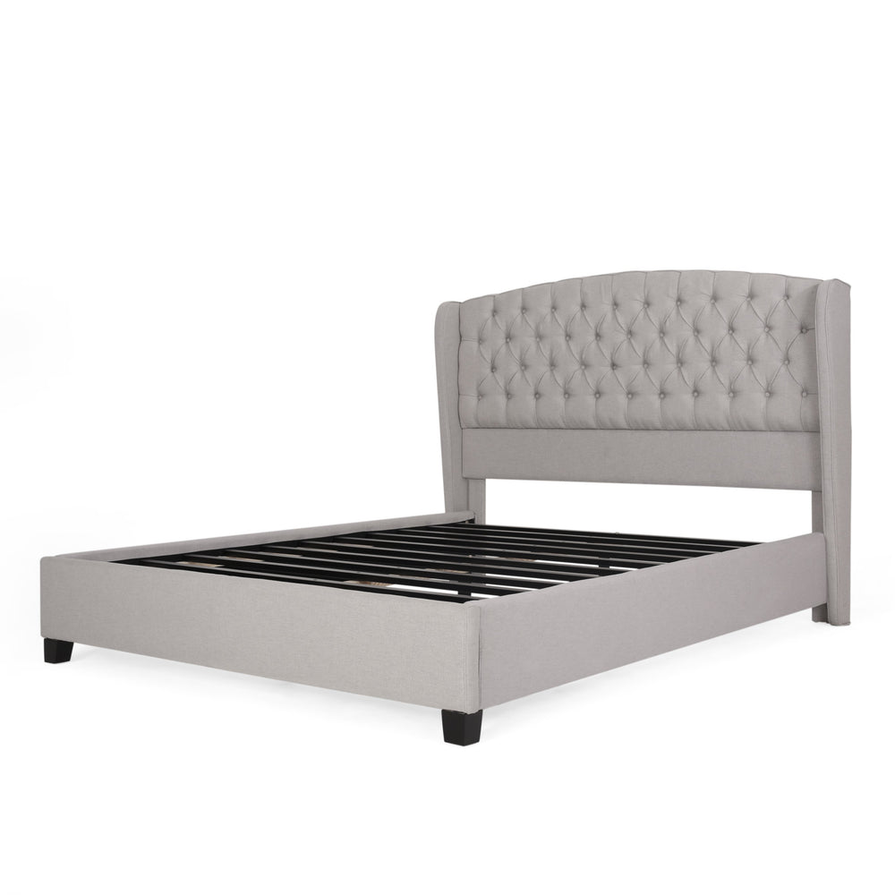 English Elm Queen Wingback Platform Bed Tufted Polyester Upholstery Solid Birch Legs Bedroom 60542.00LGY-Q-FULL BED