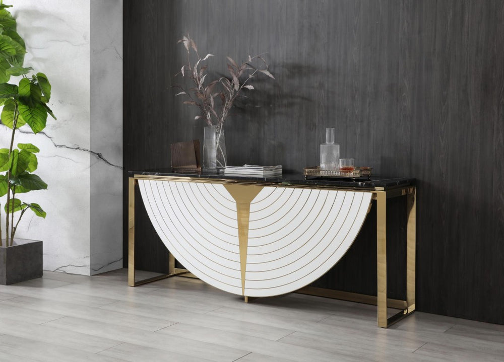 VIG Furniture Flavio Black Marble Console Table With Gold Stainless Steel Frame, Gloss White Accents, Timeless Greco Charm VGVCK1896-WHT-CT