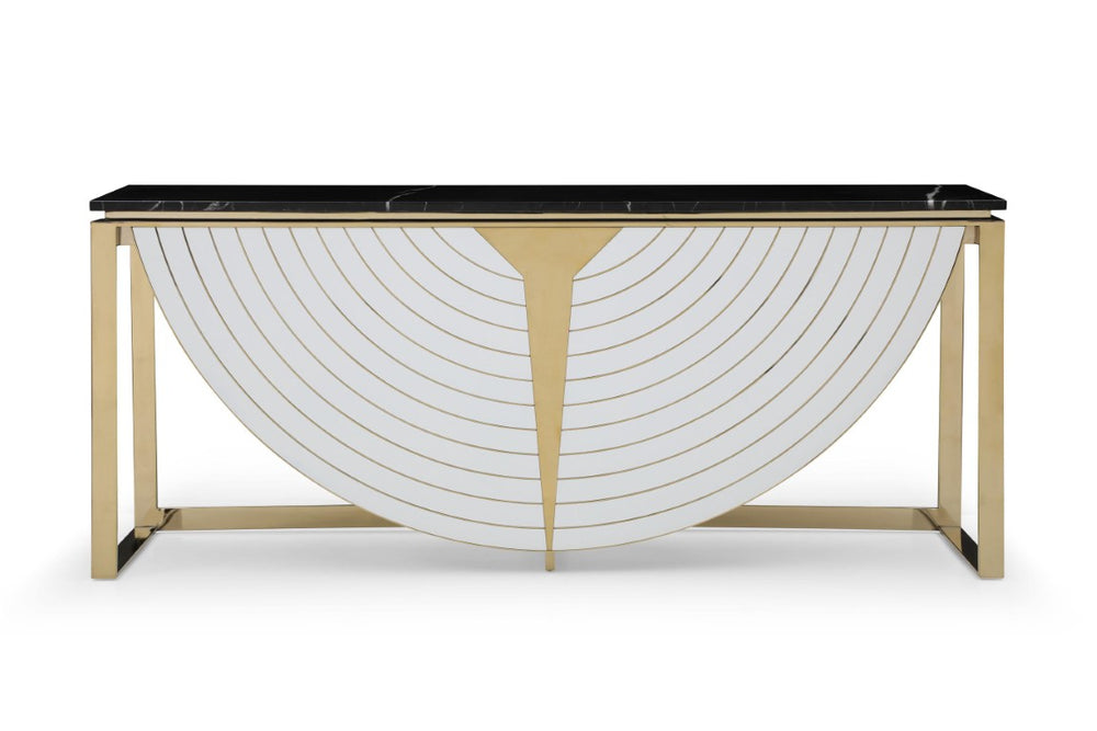 VIG Furniture Flavio Black Marble Console Table With Gold Stainless Steel Frame, Gloss White Accents, Timeless Greco Charm VGVCK1896-WHT-CT