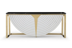 VIG Furniture Flavio Black Marble Console Table With Gold Stainless Steel Frame, Gloss White Accents, Timeless Greco Charm VGVCK1896-WHT-CT