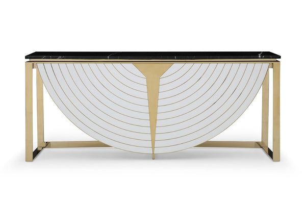VIG Furniture Flavio Black Marble Console Table With Gold Stainless Steel Frame, Gloss White Accents, Timeless Greco Charm VGVCK1896-WHT-CT