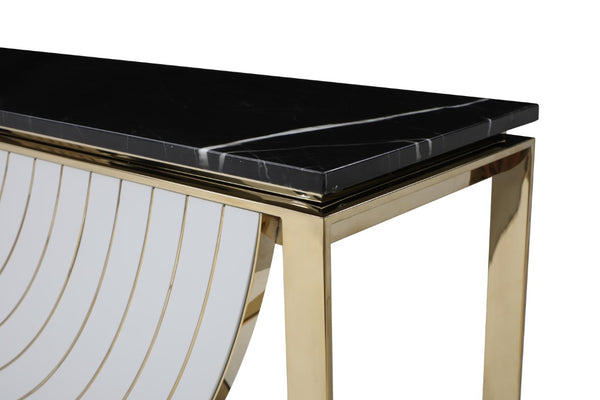 VIG Furniture Flavio Black Marble Console Table With Gold Stainless Steel Frame, Gloss White Accents, Timeless Greco Charm VGVCK1896-WHT-CT