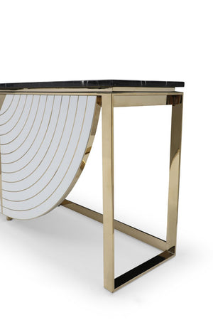 VIG Furniture Flavio Black Marble Console Table With Gold Stainless Steel Frame, Gloss White Accents, Timeless Greco Charm VGVCK1896-WHT-CT