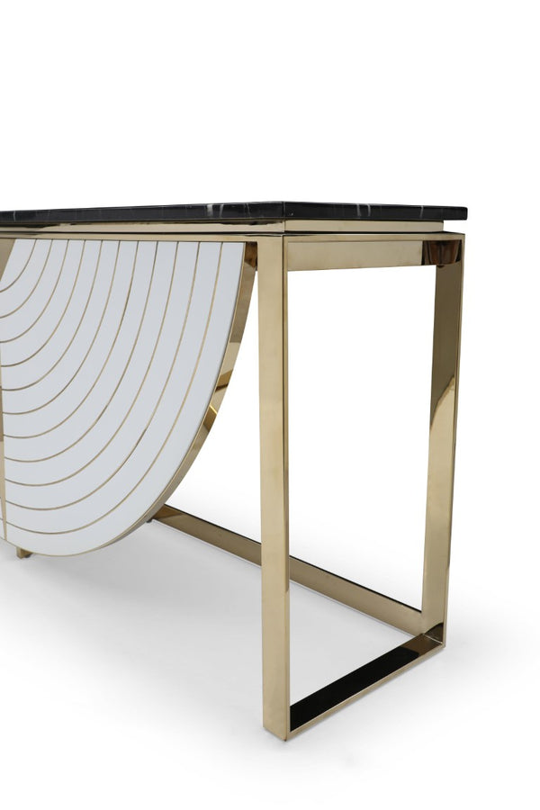 VIG Furniture Flavio Black Marble Console Table With Gold Stainless Steel Frame, Gloss White Accents, Timeless Greco Charm VGVCK1896-WHT-CT