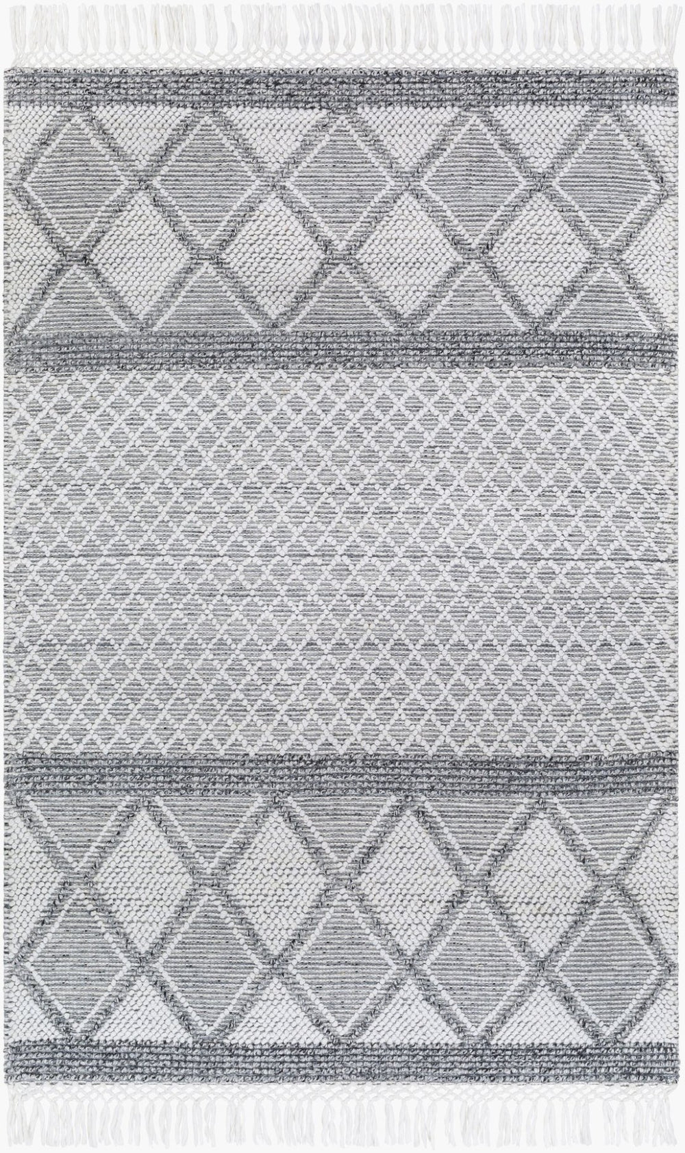 Livabliss Fleur Artisan Hand Woven Accent Rug with Fringe in Recycled Pet Yarn for Entryways White, Black 27" x 45" FLE2307-2339