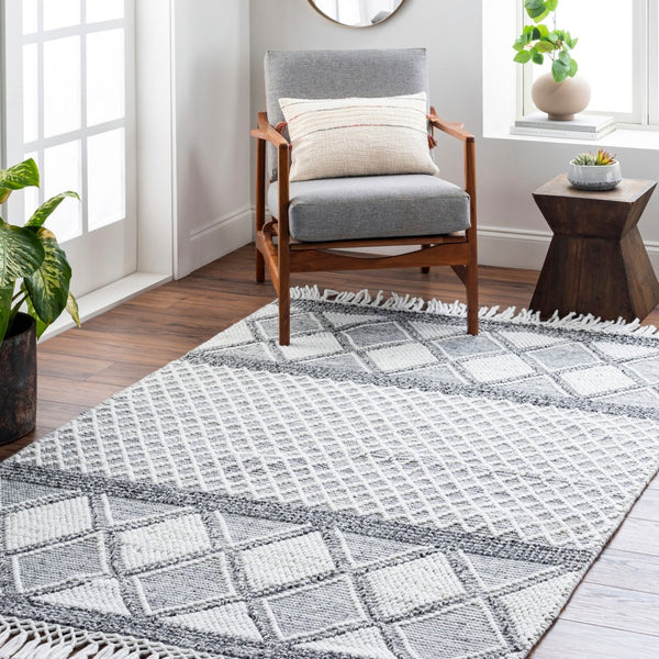 Livabliss Fleur Artisan Hand Woven Accent Rug with Fringe in Recycled Pet Yarn for Entryways White, Black 27" x 45" FLE2307-2339