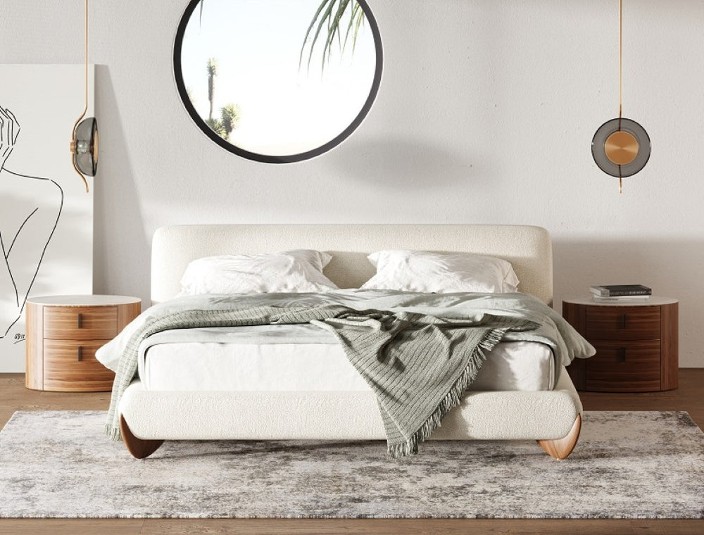 VIG Furniture Fleury Cream Upholstered Eastern King Bed With Walnut Solid Wood Legs, Low-Profile Modern Design VGCS-21073-BED-eastern