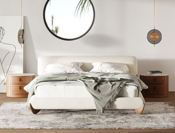 VIG Furniture Fleury Cream Upholstered Eastern King Bed With Walnut Solid Wood Legs, Low-Profile Modern Design VGCS-21073-BED-eastern