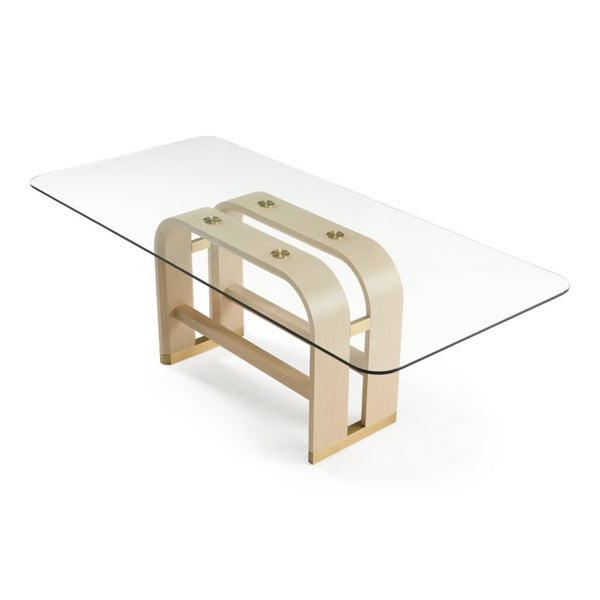 VIG Furniture Florence Rectangular Dining Table With 12Mm Tempered Glass, Natural Oak Veneer & Brushed Gold Accents VGVC-T2410