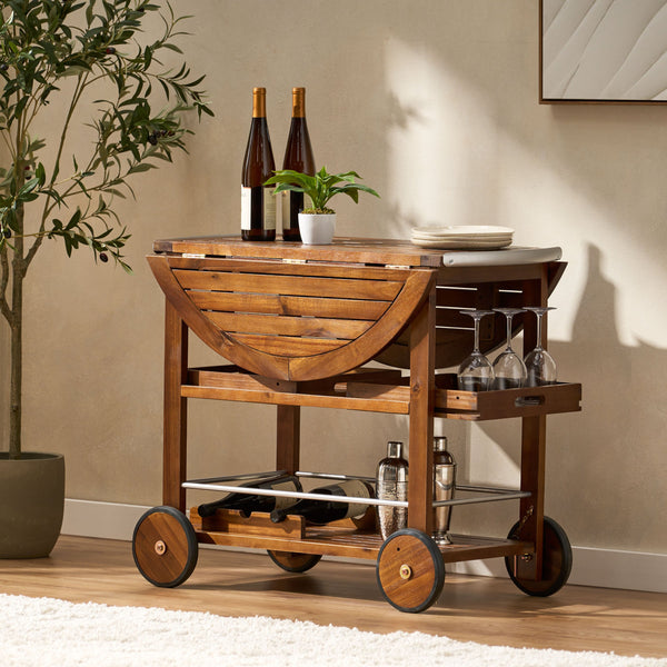English Elm Christopher Knight Home® - BAR Tillary Outdoor Acacia Wood Drop-Leaf Bar Cart with Wine Rack, Drawers & Aluminum Wheels, Oak 60987.00