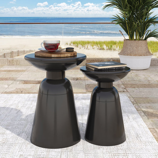 English Elm Serenita Outdoor Powder Coated Iron Pedestal Side Tables Sculptural Flared Set of Two Black 73614.00BLK