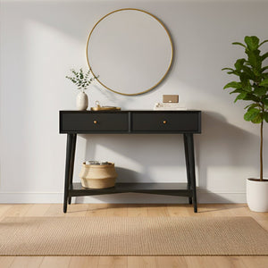 Alpine Furniture Alpine Flynn 42"W Console Table in Black with Brass Accents, Mahogany Build, Drawers & Shelf 966BLK-93