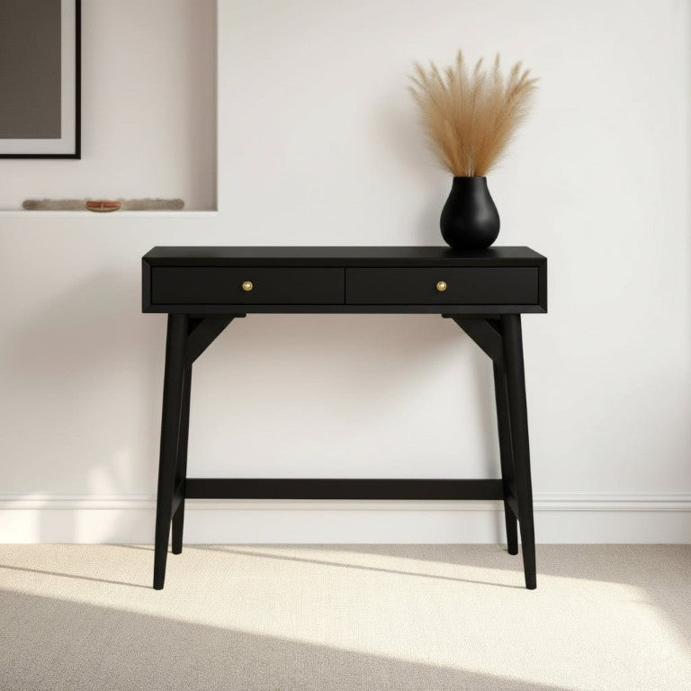 Alpine Flynn 2-Drawer Mini Desk — Compact Mahogany Workstation with Fe
