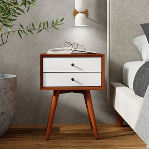 Alpine Furniture Flynn Mid-century Modern Nightstand Tapered Legs Dovetail Drawer Compact Bedside Storage Chestnut & White 999-32