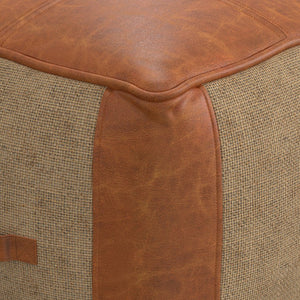 English Elm Atkinson Round Pouf Ottoman in Tan Leather & Jute — Top-Grain Buffalo Leather, Supportive Bead Fill, 18" B136P159346