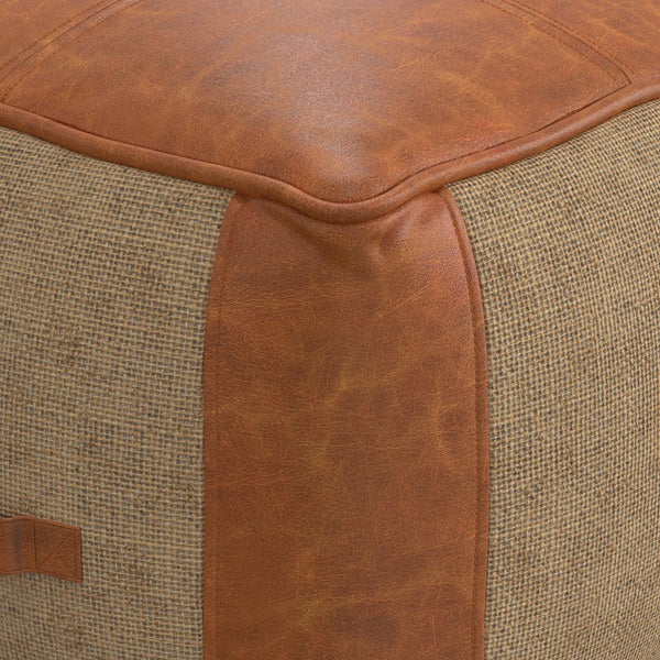 English Elm Atkinson Round Pouf Ottoman in Tan Leather & Jute — Top-Grain Buffalo Leather, Supportive Bead Fill, 18" B136P159346