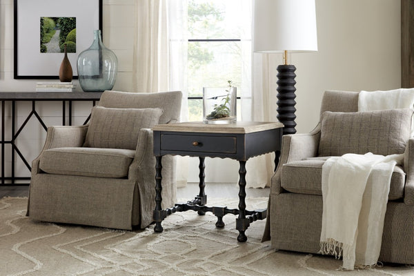 Hooker Furniture Ciao Bella Rectangular End Table With Distressed Flaky White Top, Black Base, Drawer & Turned Legs 5805-80113-80