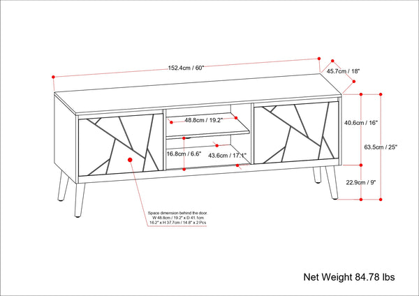English Elm Jager Mango Wood TV Media Stand 60" Natural with Geometric Brass Inlay, Soft-Close Cabinets & Mid-Century Flair B136P158754