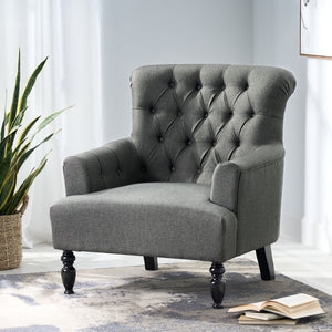 Christopher Knight Home® - Noble House - Byrnes Contemporary Button-Tufted Fabric Club Chair with Rolled Backrest, Dark Gray and Dark Brown