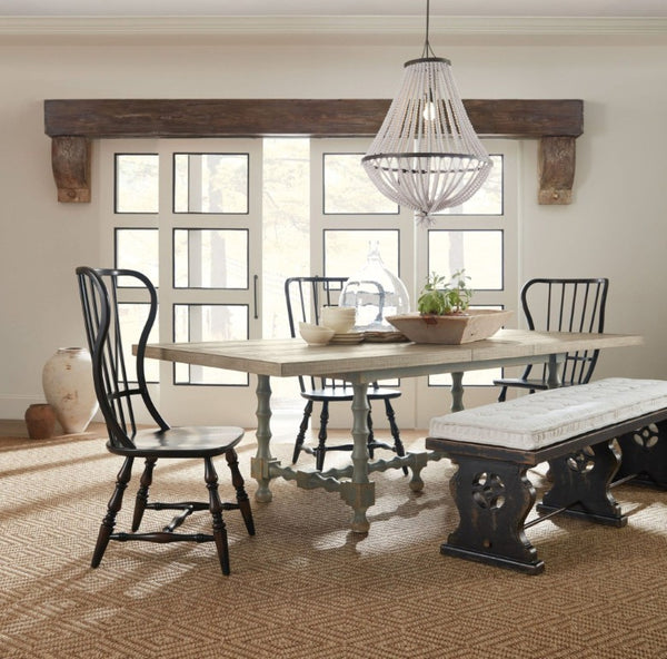 Hooker Furniture Ciao Farmhouse Trestle Dining Table 84" Expandable To 120" With Two 18" Leaves, Distressed Gray Natural Top 5805-75200-85