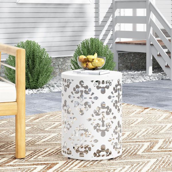 English Elm Outdoor Iron Accent Table Laser Cut Floral Cylinder Design for Patio or Balcony White 73605.00WHI