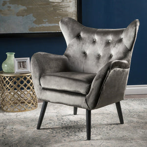 English Elm Arm Chair Tufted Velvet Wingback with Oak Frame and Tapered Legs for Living Room 56589.00NVLTGRY
