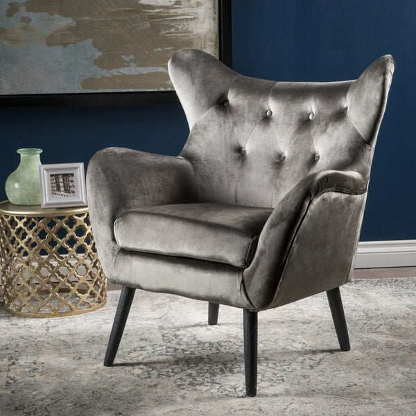 English Elm Arm Chair Tufted Velvet Wingback with Oak Frame and Tapered Legs for Living Room 56589.00NVLTGRY
