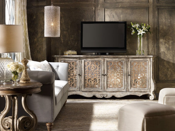 Hooker Furniture Chatelet Credenza With Caramel Froth Pecky Pecan, Mirrored Fretwork Doors & Burnished Bronze Hardware 5351-85001